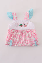 Pink strawberry milk cow embroidery ruffle dress