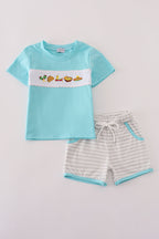 Blue taco embroidery stripe shorts set