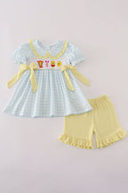 Blue character embroidery gingham ruffle shorts set
