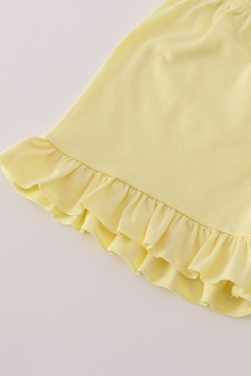 Blue character embroidery gingham ruffle shorts set