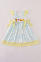 Blue character embroidery gingham ruffle dress