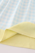 Blue character embroidery gingham ruffle dress