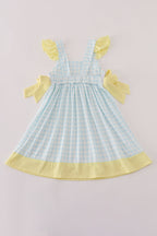 Blue character embroidery gingham ruffle dress