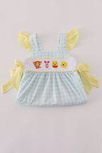 Blue character embroidery gingham ruffle dress
