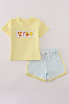 Blue character embroidery gingham shorts set