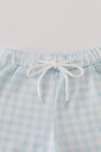 Blue character embroidery gingham shorts set