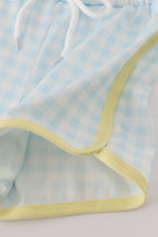 Blue character embroidery gingham shorts set