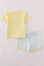 Blue character embroidery gingham shorts set