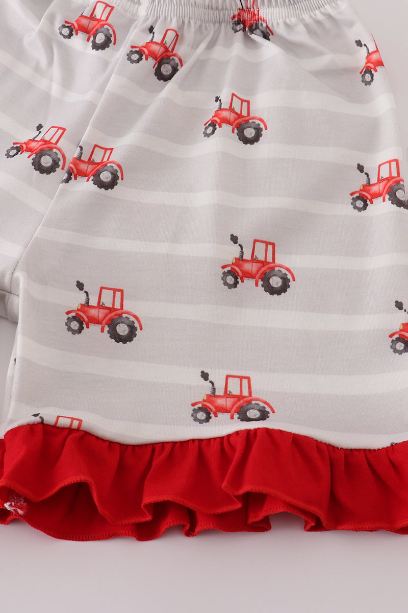 Red tractor embroidery ruffle shorts set