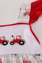 Red tractor embroidery ruffle dress