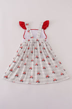 Red tractor embroidery ruffle dress