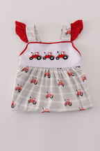 Red tractor embroidery ruffle dress