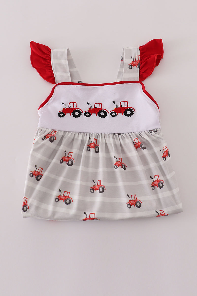 Red tractor embroidery ruffle dress