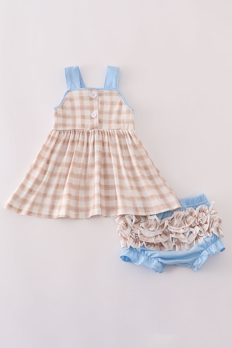 Beige puppy embroidery gingham bloomer set