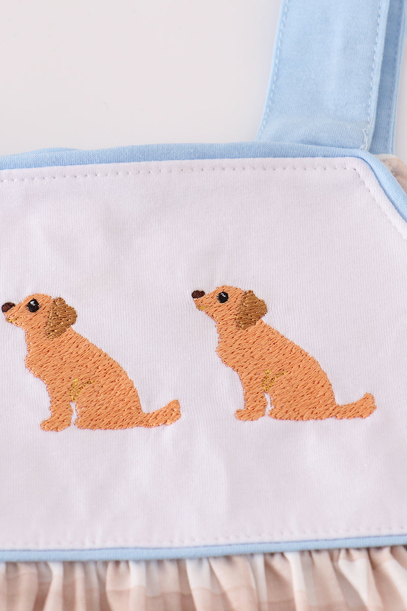 Beige puppy embroidery gingham ruffle shorts set