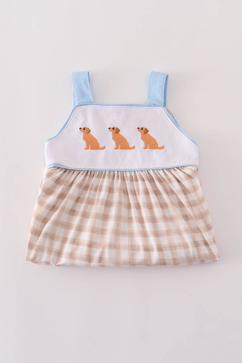 Beige puppy embroidery gingham ruffle shorts set