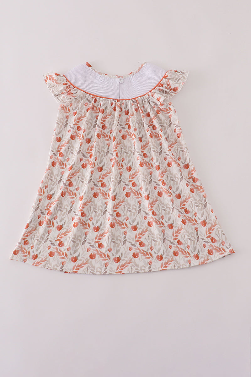 Fall leaves embroidery smocked ruffle dress
