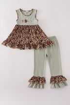 Green camouflage hunting embroidery ruffle pants set