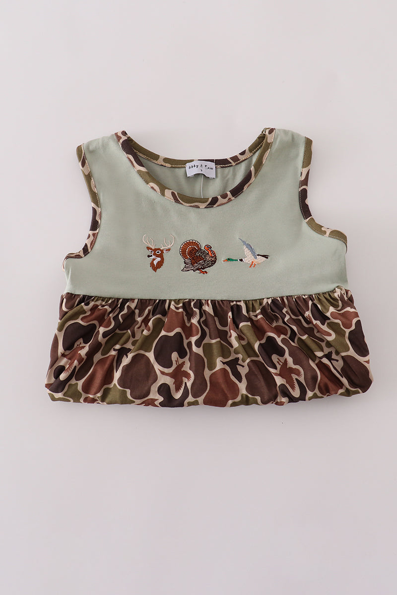 Green camouflage hunting embroidery ruffle pants set