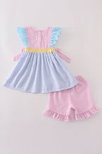 Multi seersucker stripe ruffle shorts set