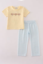 Yellow puppy embroidery gingham pants set