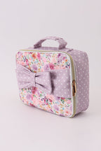 Purple floral print canvas bow lunch bag