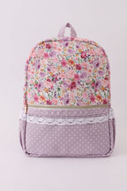 Purple floral print canvas ruffle backpack