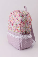 Purple floral print canvas ruffle backpack