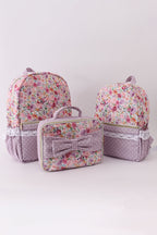 Purple floral print canvas ruffle backpack