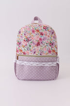 Purple floral print canvas ruffle backpack