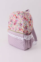 Purple floral print canvas ruffle backpack