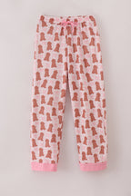 Pink puppy bow print ruffle pajamas mom pants