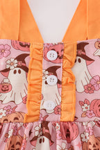 Pink pumpkin ghost print ruffle dress