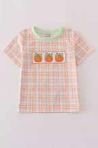 Orange pumpkin embroidery plaid top