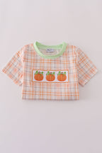 Orange pumpkin embroidery plaid top