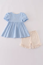Blue pumpkin french knot ruffle shorts set