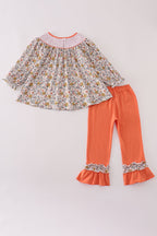 Floral embroidery smocked ruffle pants set