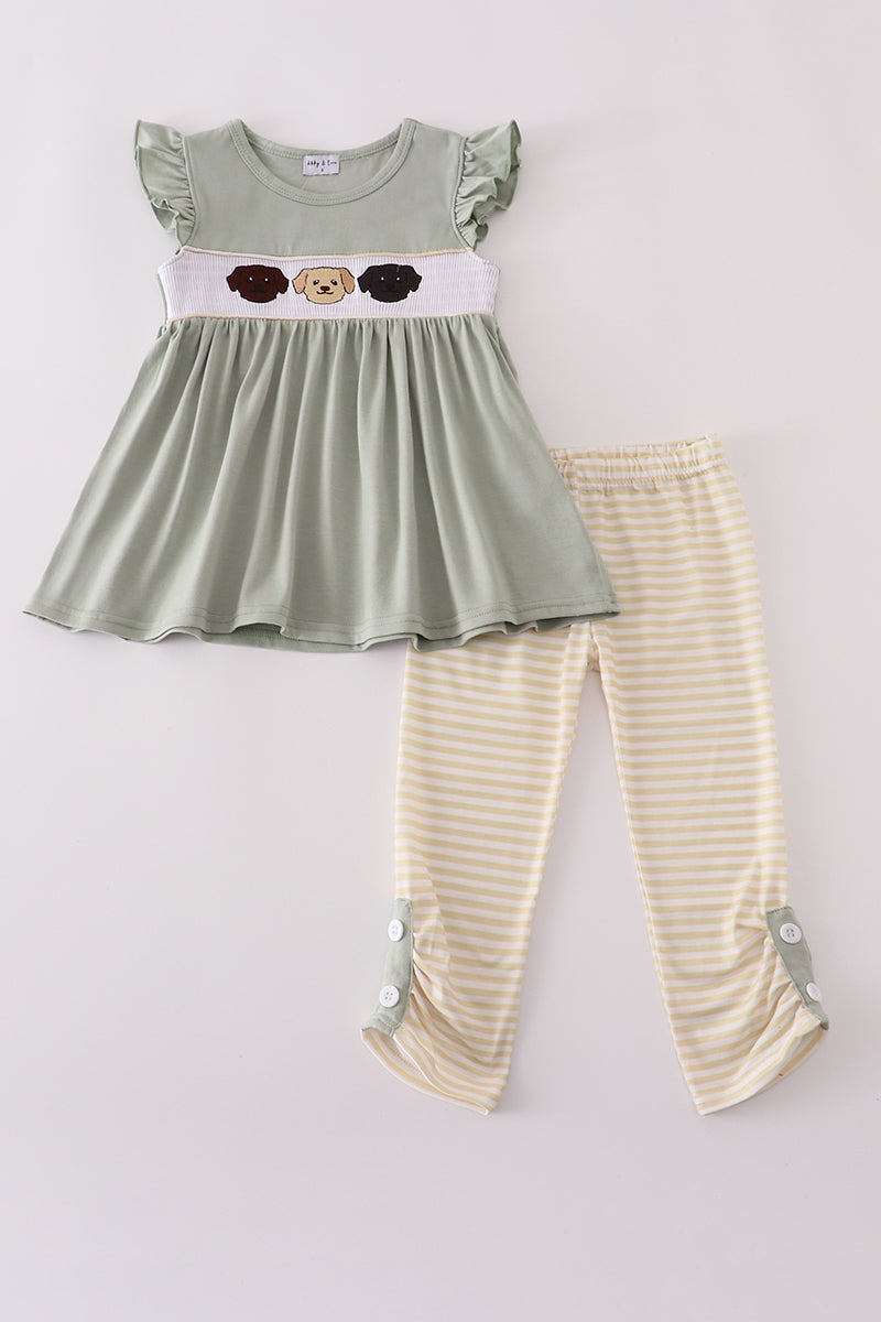 Puppy embroidery smocked ruffle pants set