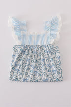 Blue bow & lace print ruffle pants set