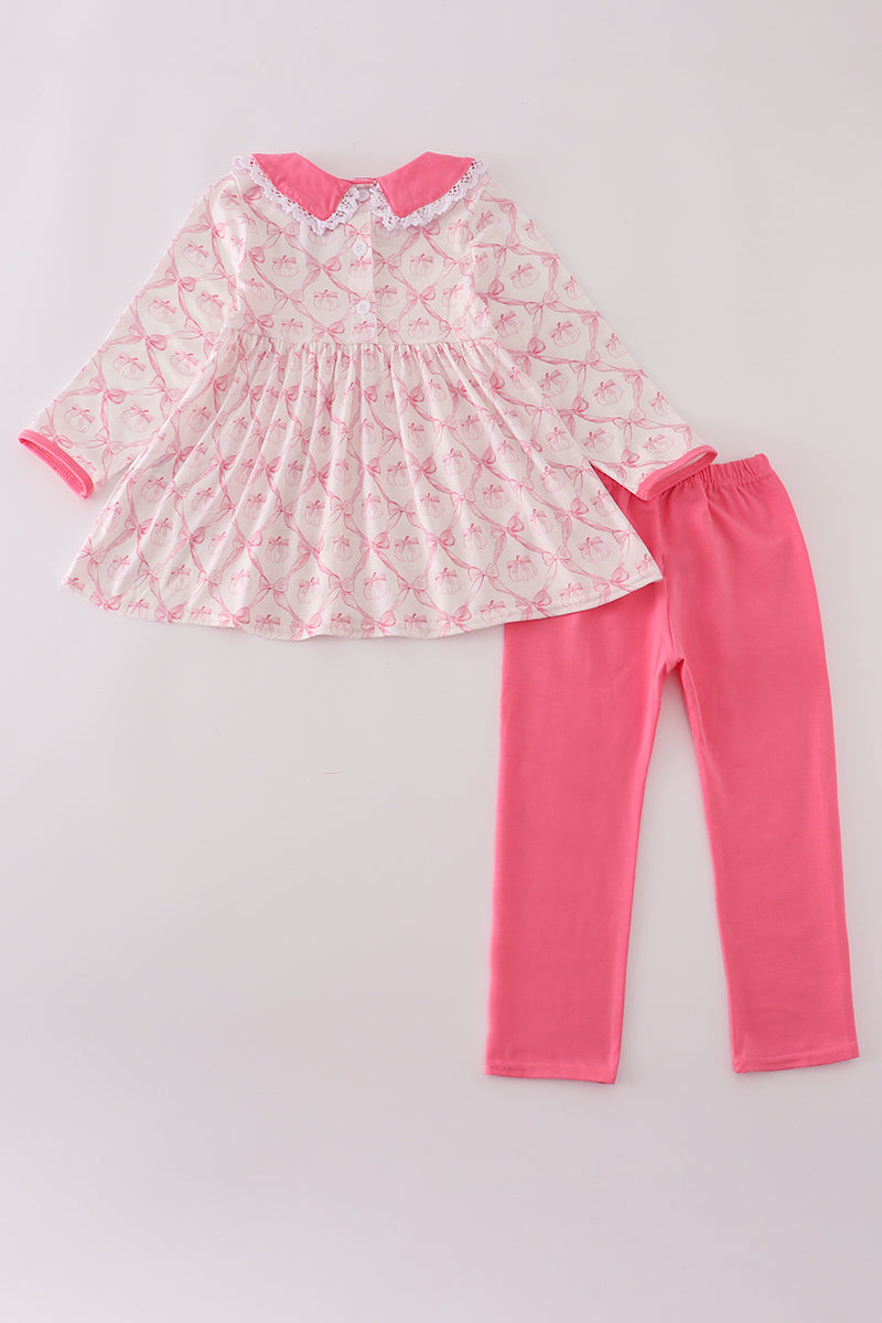 Pink bow tie pumpkin print pants set