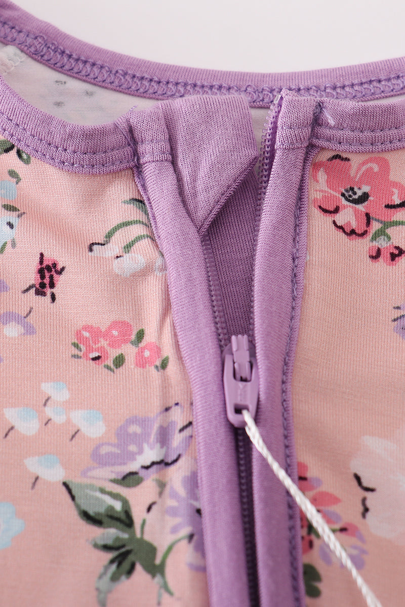 Purple floral print bamboo pajamas romper
