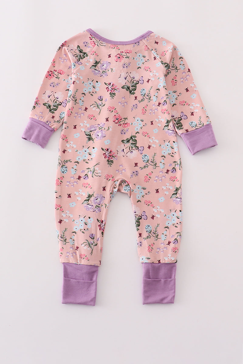 Purple floral print bamboo pajamas romper