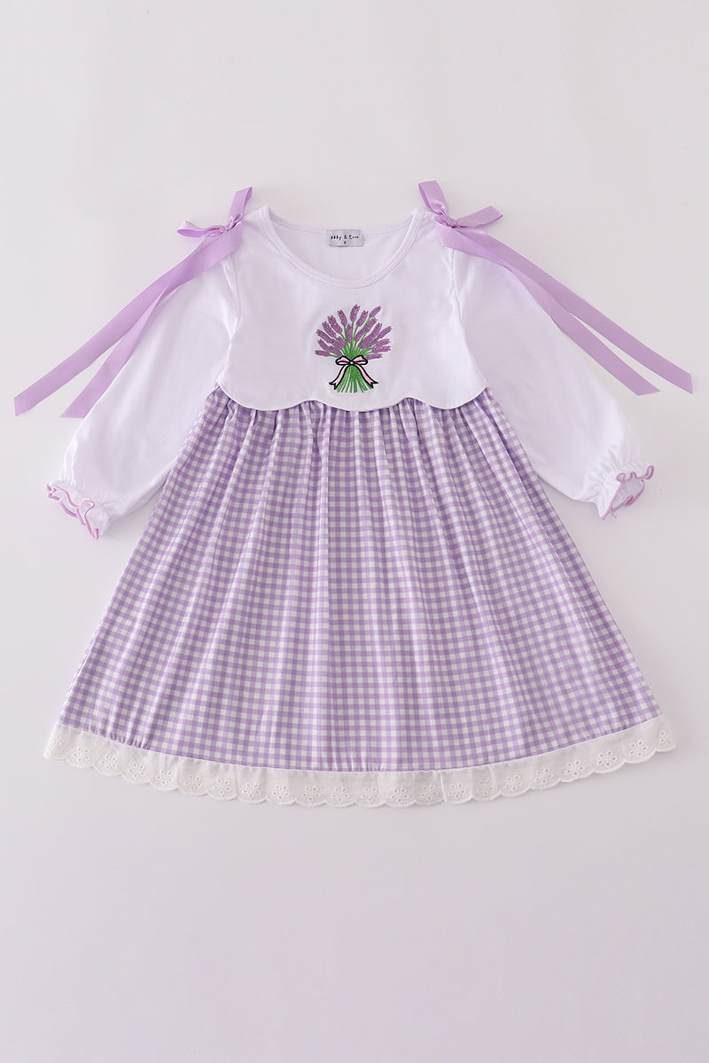 Lavender ribbon lace embroidery gingham dress