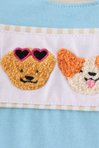 Blue puppy french knot romper