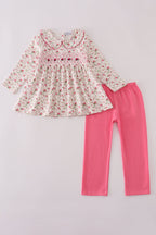 Pink rose hand smocked pants set