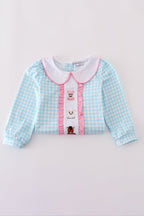 Blue farm embroidery gingham ruffle pants set