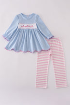 Blue airplane embroidery stripe ruffle pants set