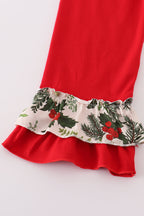 Green holly floral smocked ruffle pants set