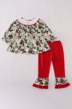 Green holly floral smocked ruffle pants set