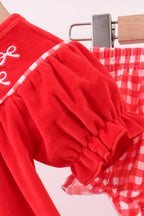 Red bow embroidery velvet bloomer set